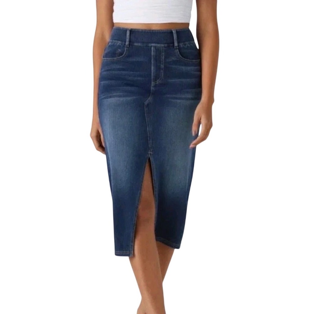 NWT Halara Denim Midi Skirt High Waisted Front Slit Medium Wash Blue Women SMALL